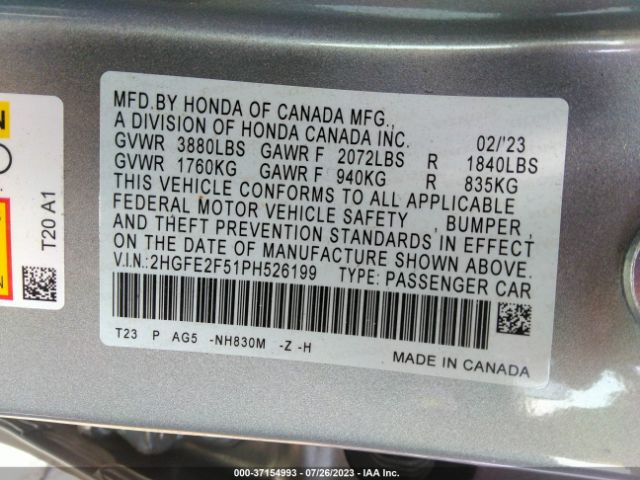 2HGFE2F51PH526199 Honda Civic Sedan Sport