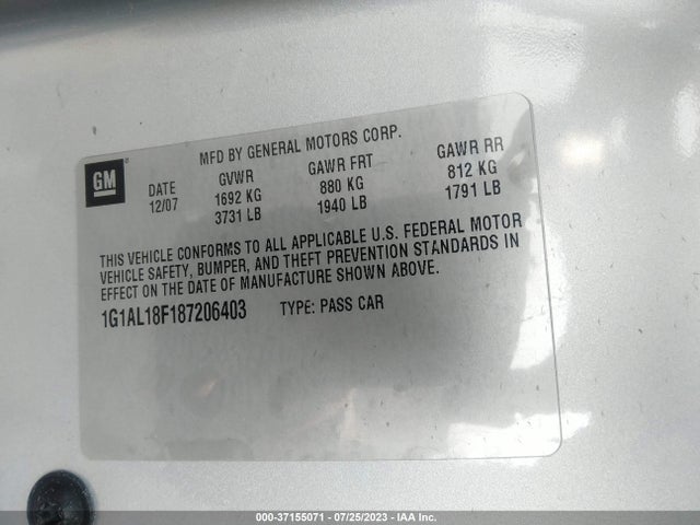 2008 CHEVROLET COBALT LT VIN: 1G1AL18F187206403