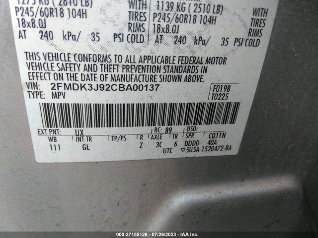 2012 FORD EDGE SEL VIN: 2FMDK3J92CBA00137