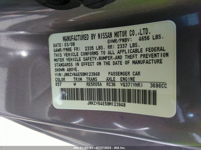 2008 INFINITI G37 COUPE JOURNEY VIN: JNKCV64E58M123948