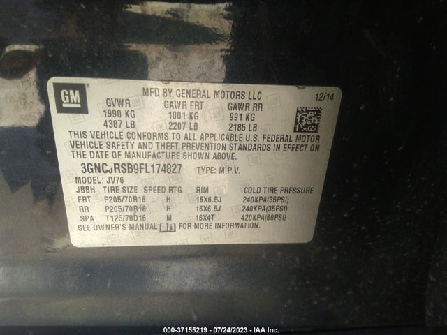 Chevrolet Trax Lt 2015 3GNCJRSB9FL174827 Image 9