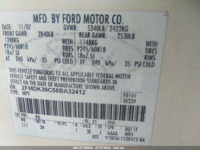 Продаж на аукціоні авто 2008 Ford Edge Limited, vin: 2FMDK39C58BA32412, номер лоту: 37155234
