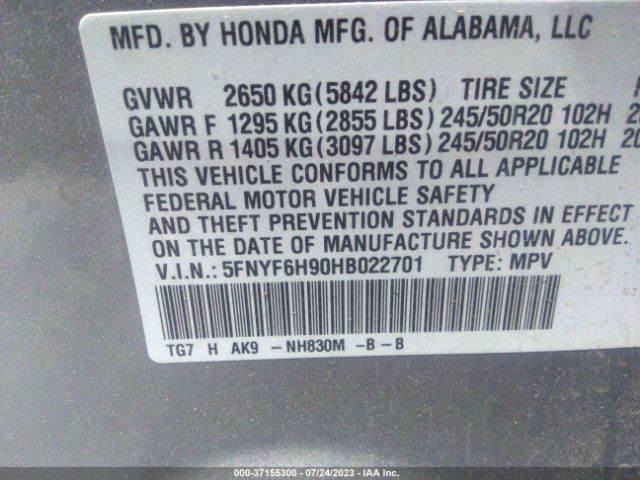 5FNYF6H90HB022701 Honda Pilot Touring