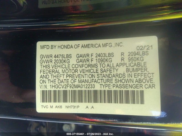 2021 HONDA ACCORD SEDAN TOURING VIN: 1HGCV2F92MA012233