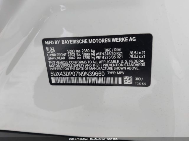 5UX43DP07N9N39660 BMW X3 Sdrive30i