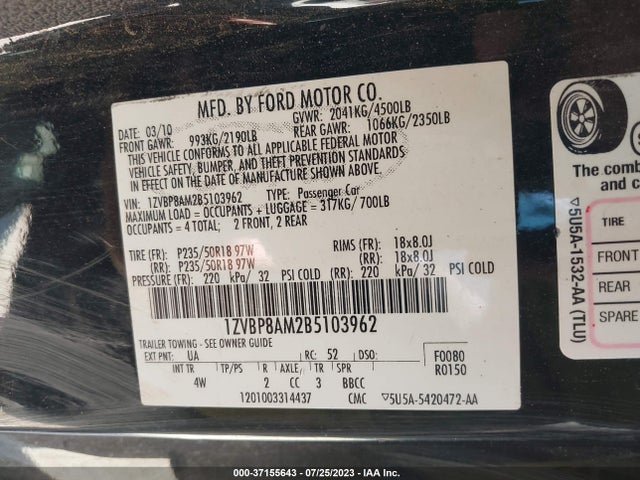 2011 FORD MUSTANG V6 VIN: 1ZVBP8AM2B5103962