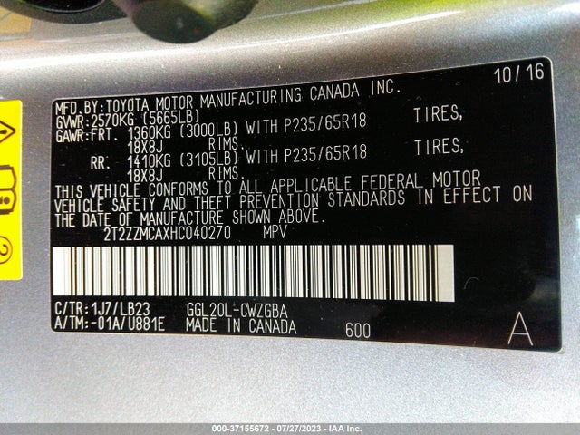 2T2ZZMCAXHC040270 Lexus RX