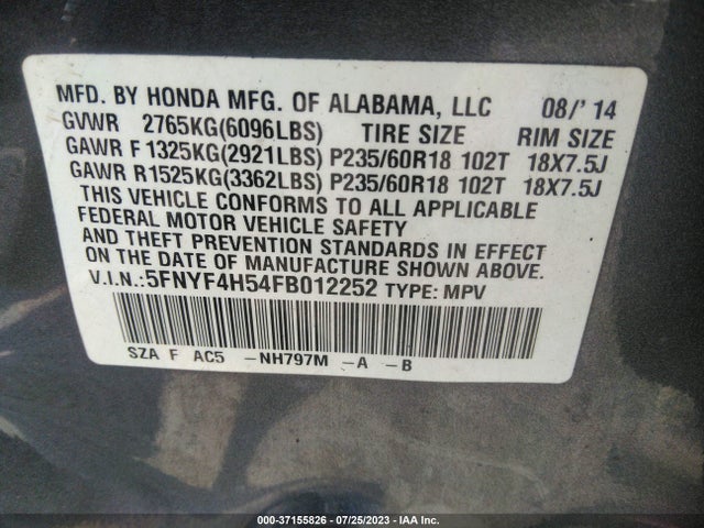 Honda Pilot Ex-l 2015 5FNYF4H54FB012252 Image 9