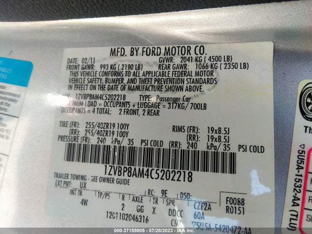 2012 FORD MUSTANG V6 VIN: 1ZVBP8AM4C5202218