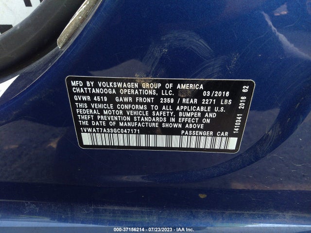 1VWAT7A33GC047171 Volkswagen Passat 1.8t R-line W/comfort Pkg