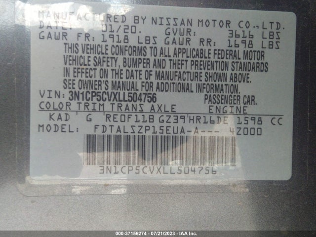 2020 NISSAN KICKS SV VIN: 3N1CP5CVXLL504756