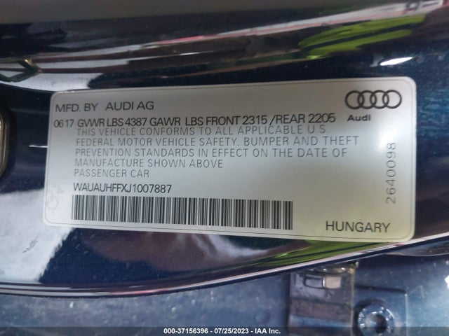 WAUAUHFFXJ1007887 Audi A3 Sedan Premium/tech Premium