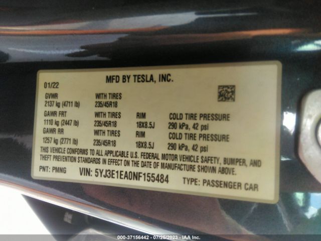 5YJ3E1EA0NF155484 Tesla MODEL 3
