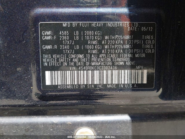 2012 SUBARU OUTBACK 2.5I LIMITED VIN: 4S4BRBKC0C3302436