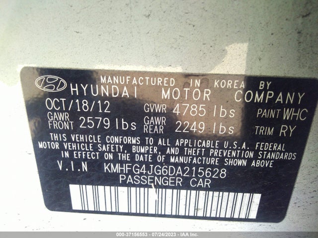 2013 HYUNDAI AZERA VIN: KMHFG4JG6DA215628
