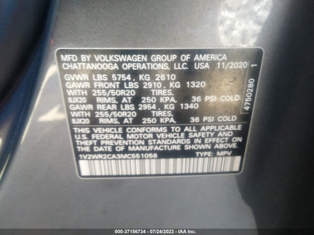 1V2WR2CA3MC551056 Volkswagen Atlas 3.6l V6 Se W/technology