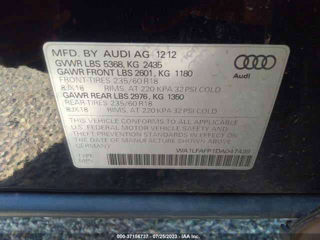 2013 AUDI Q5 PREMIUM PLUS VIN: WA1LFAFP1DA047439