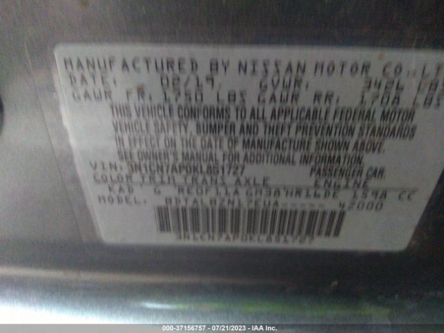 3N1CN7AP0KL851727 Nissan Versa Sedan Sv
