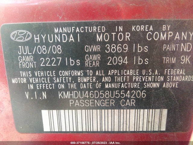 2008 HYUNDAI ELANTRA GLS/SE VIN: KMHDU46D58U554206