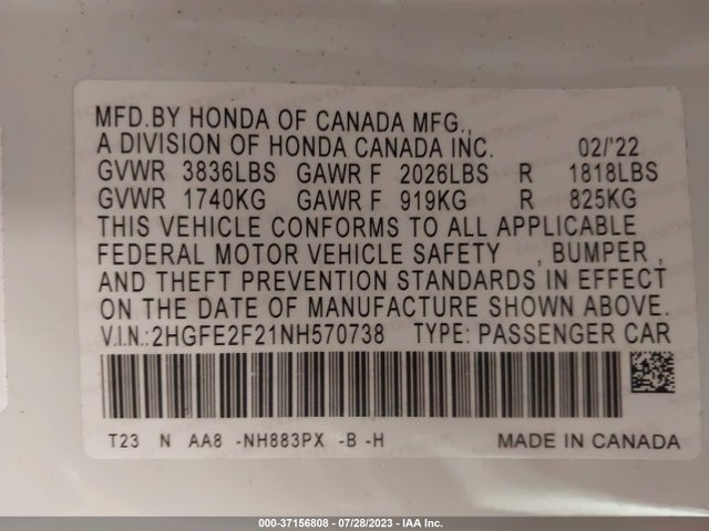 2022 HONDA CIVIC SEDAN LX VIN: 2HGFE2F21NH570738