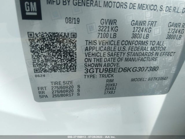 3GTU9BED6KG307380 GMC Sierra 1500 Sle