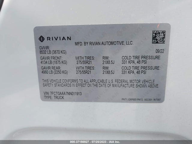 2022 RIVIAN R1T ADVENTURE PACKAGE VIN: 7FCTGAAA7NN011913
