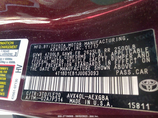 2018 Toyota Avalon, VIN: 4T1BD1EB1JU063093