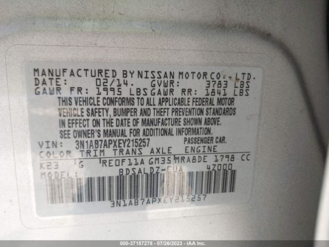 3N1AB7APXEY215257 Nissan Sentra S/fe+ S/sv/fe+ Sv/sr/sl
