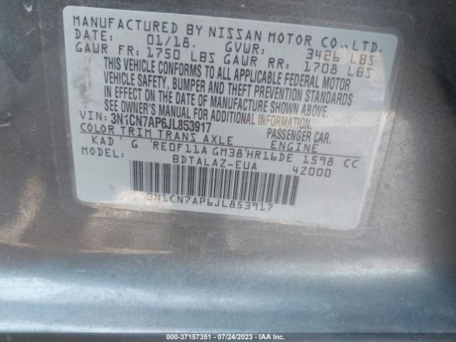 3N1CN7AP6JL853917 Nissan Versa Sedan S Plus