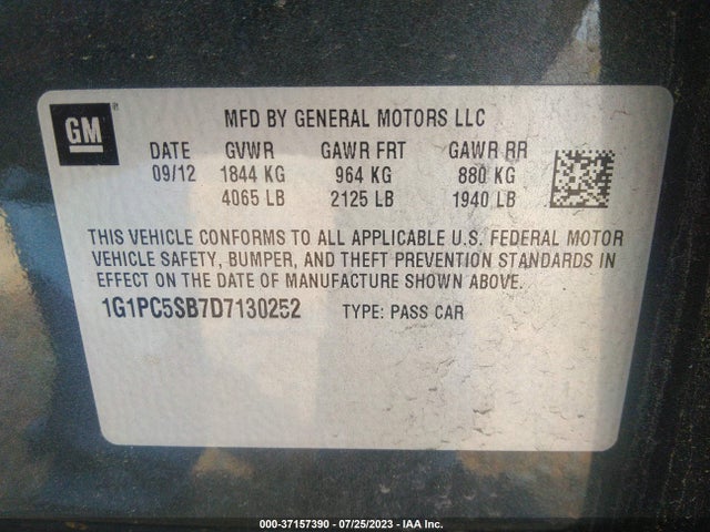 2013 CHEVROLET CRUZE 1LT VIN: 1G1PC5SB7D7130252