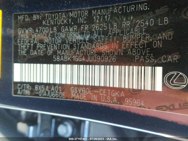 58ABK1GG4JU090926 Lexus Es Es 350