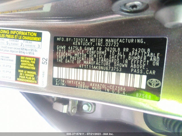 Toyota CAMRY SE 2022 4T1T11AK9NU673753 Image 9