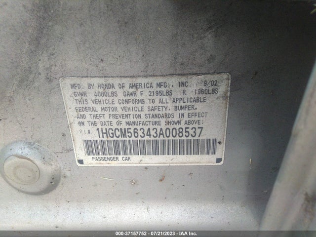 2003 HONDA ACCORD SDN LX VIN: 1HGCM56343A008537