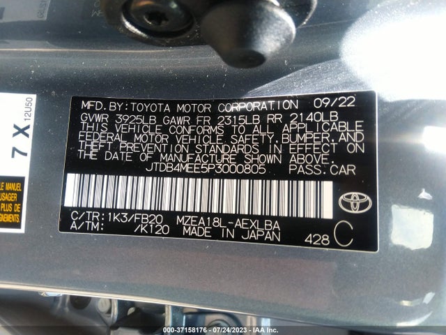 2023 TOYOTA COROLLA LE VIN: JTDB4MEE5P3000805