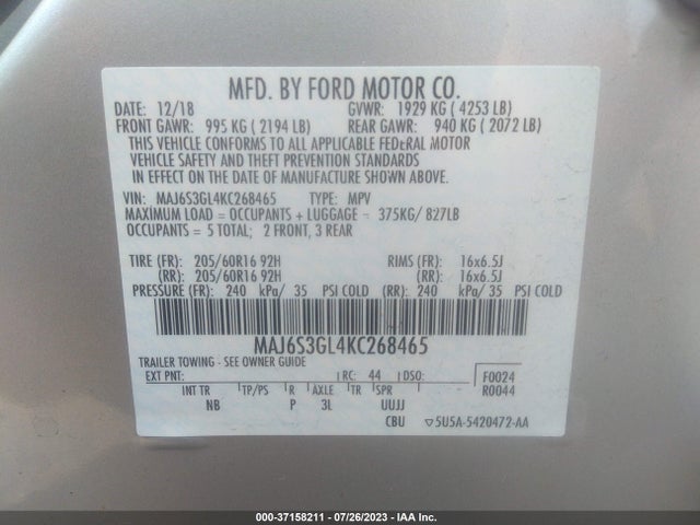 2019 FORD ECOSPORT SE VIN: MAJ6S3GL4KC268465