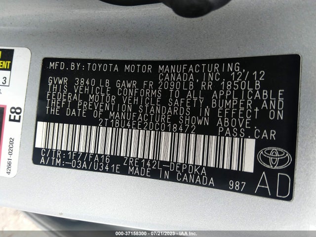 2013 TOYOTA COROLLA L/LE/S VIN: 2T1BU4EE2DC018472