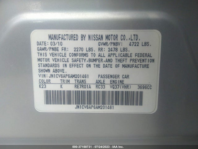 2010 INFINITI G37 SEDAN JOURNEY VIN: JN1CV6AP6AM201461