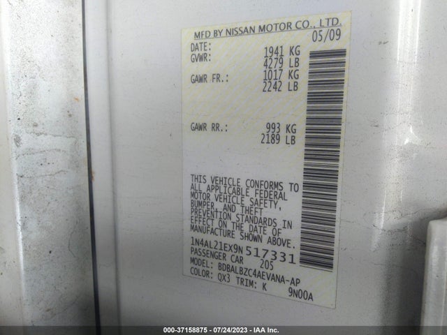 2009 NISSAN ALTIMA 2.5 S VIN: 1N4AL21EX9N517331