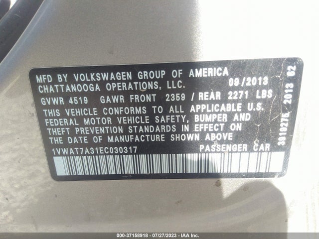 1VWAT7A31EC030317 Volkswagen Passat Wolfsburg Ed