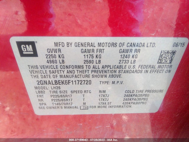 Chevrolet EQUINOX 1LT 2015 2GNALBEK6F1172720 Image 9