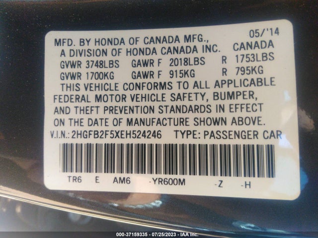 Honda Civic Sedan Lx 2014 2HGFB2F5XEH524246 Image 9