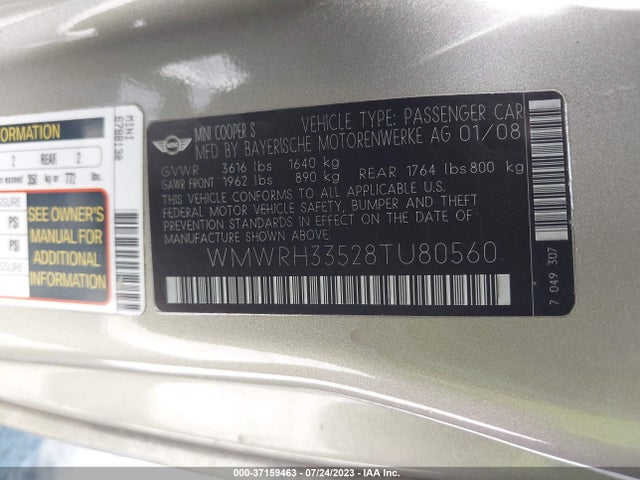 2008 MINI COOPER S WMWRH33528TU80560 Photo 8
