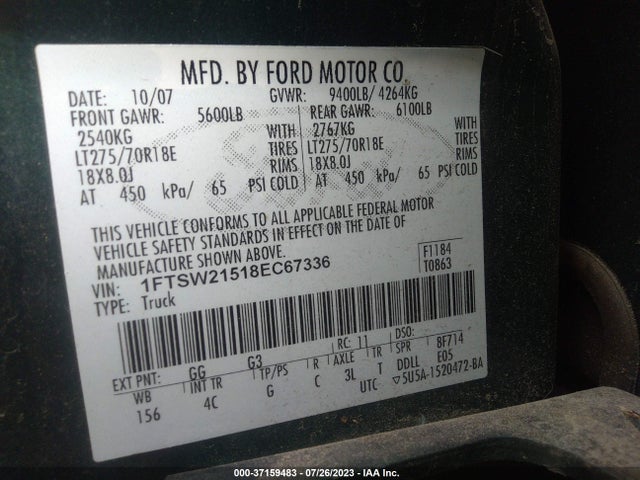 2008 FORD F-250 XLT/LARIAT/FX4/KING RANCH/XL VIN: 1FTSW21518EC67336