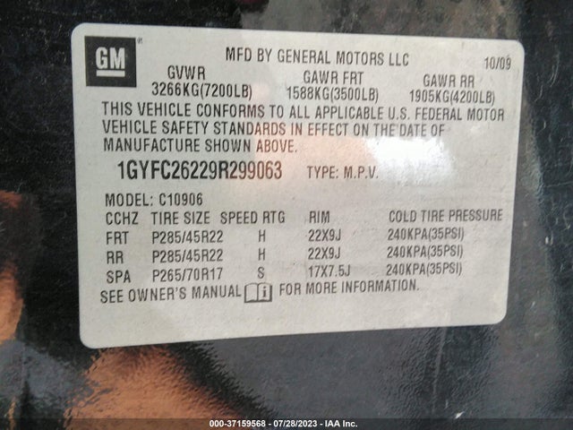 2009 CADILLAC ESCALADE ESV VIN: 1GYFC26229R299063