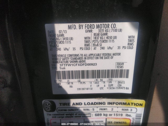 2013 FORD F-150 XL/XLT/FX2/LARIAT VIN: 1FTFW1CFXDFD00923