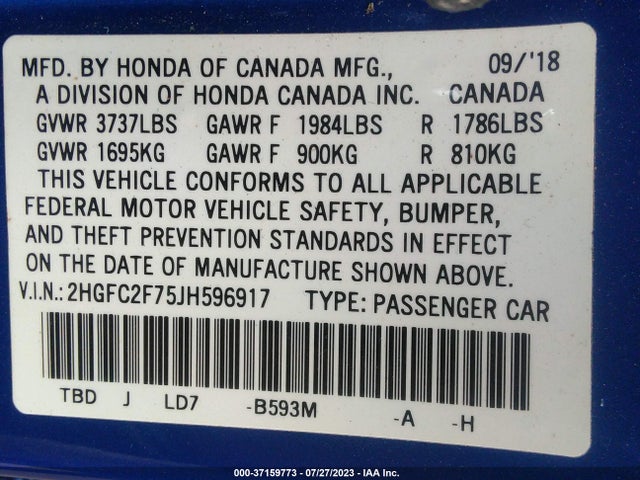 Honda Civic Sedan Ex 2018 2HGFC2F75JH596917 Image 9