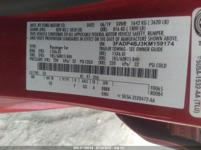 2019 FORD FIESTA SE VIN: 3FADP4BJ3KM159174