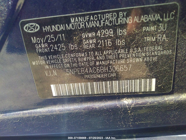 Продажа на аукционе авто 2011 Hyundai Sonata Gls Pzev, vin: 5NPEB4AC6BH306657, номер лота: 37159869
