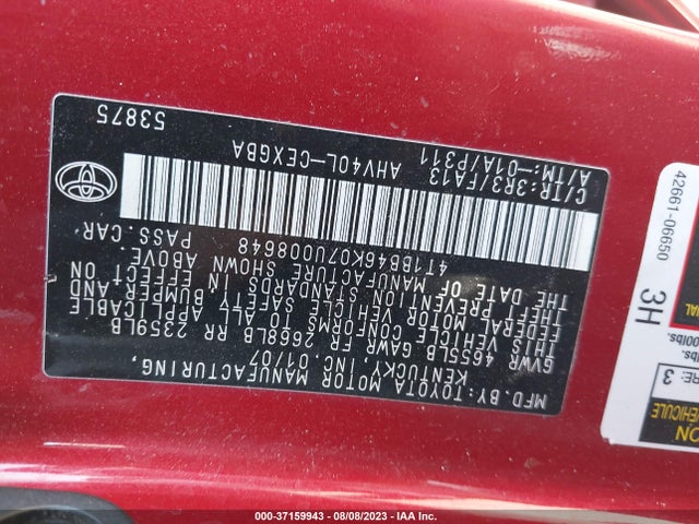 2007 TOYOTA CAMRY HYBRID VIN: 4T1BB46K07U008648