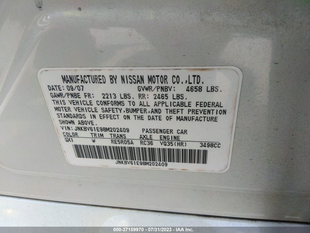 2008 INFINITI G35 SEDAN JOURNEY VIN: JNKBV61E98M202409
